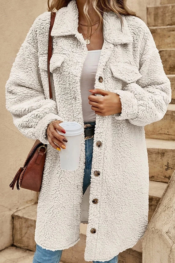 Plain Button Up Sherpa Jacket in White UNISHE Don't Be Chy Boutique
