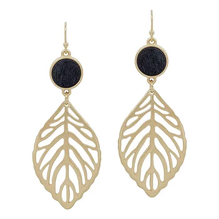 Black Wood Circle with Matte Gold Leaf Earring