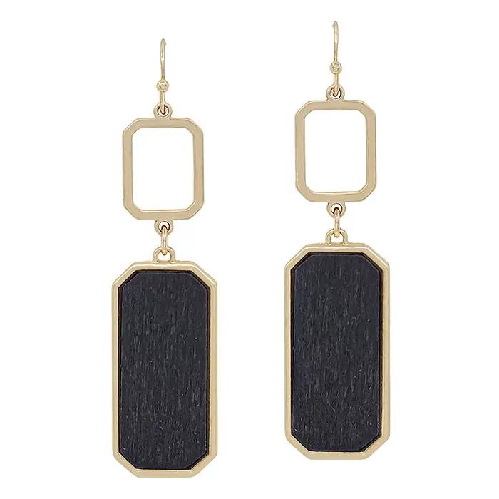 Black Wood Rectangle and Gold Earring