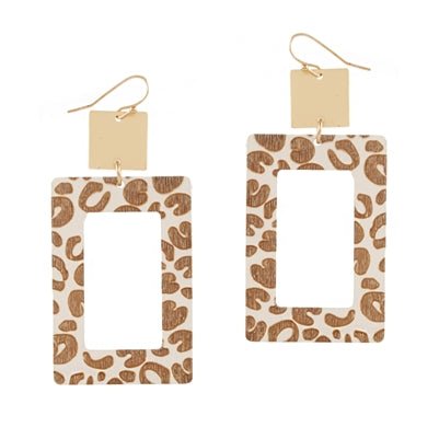 Earrings - White Animal Print Rectangle Wood Earring